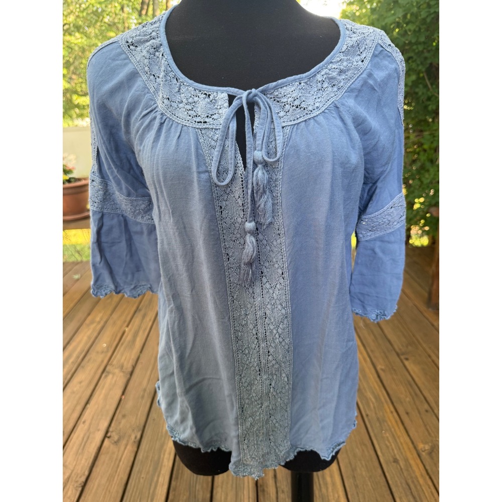 Boho Crochet Lace Trim Peasant Blouse Dusty Blue Tassel Tie Neck 3/4 Sleeve Top